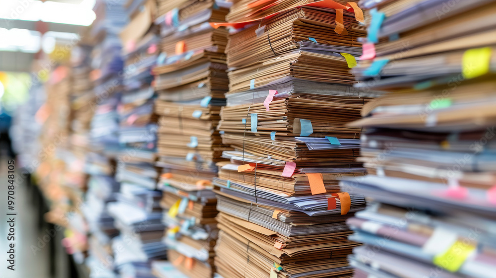 Stacked documents filling an office workspace during the day