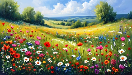 Vibrant spring wildflower field showcasing natures colorful array in a picturesque landscape photo