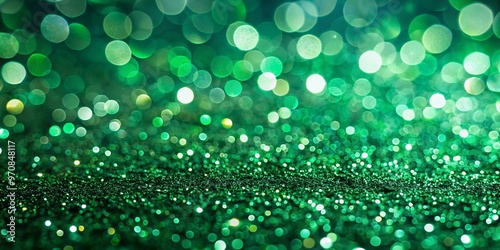 Green glitter particles dissolve into a blurred backdrop, generating a mesmerizing blend of shimmering opacity and hazy