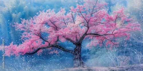 Pink cherry blossom tree in winter landscape  
