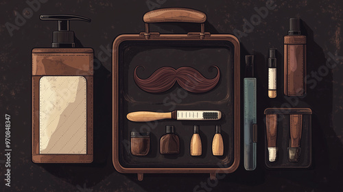Vintage barber grooming kit with mustache tools and products, dark rustic background