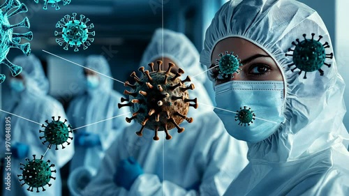 A group of dedicated, masked healthcare workers, dressed in protective suits, are seen working in a virus outbreak setting. The staff, primarily young adults of various ethnicities, focus on the task