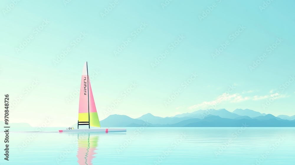 Naklejka premium America's Cup. America's Cup Sailing. The most prestigious regatta in the world. Boat with sails on the waves. Illustration with a regatta at sea.