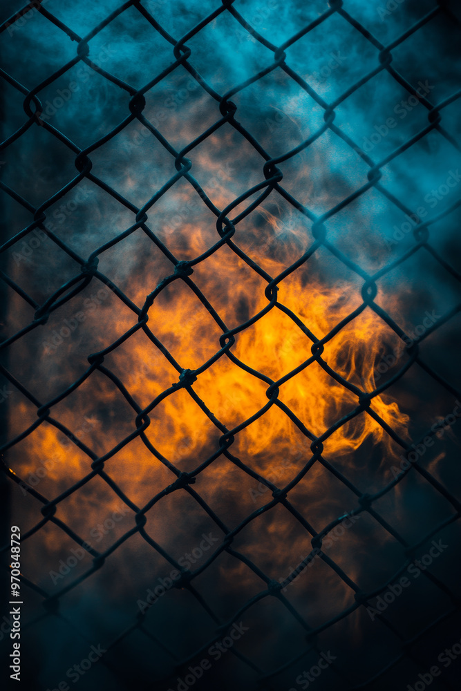 A striking image of an iron fence against smoky backdrop, featuring vibrant orange flames peeking through mesh. contrast creates dramatic and intense atmosphere A striking image of an iron fence against smoky backdrop, featuring vibrant orange flames peeking through mesh. contrast creates dramatic and intense atmosphere