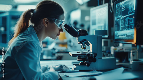 A focused scientist examines samples under microscope in modern laboratory, showcasing dedication and precision in research