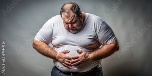 He clutches his belly, eyes fixed on the ground, a torrent of emotions flooding his face in a