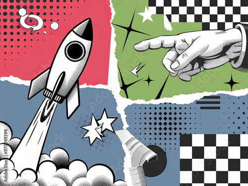 Pop art style banner featuring a halftone rocket, a pointing human hand, and a piece of torn checkered paper. Contemporary collage design. Business startup theme photo