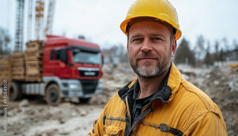Construction worker smiling with truck in background on worksite Construction worker smiling with truck in background on worksite