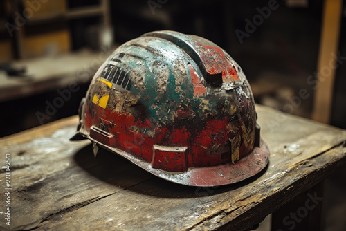 Worn and Weathered Hard Hat on a Wooden Surface photo