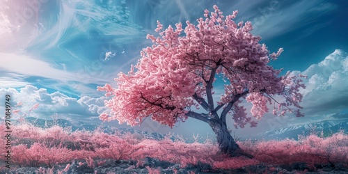 Pink cherry blossom tree in winter landscape  
