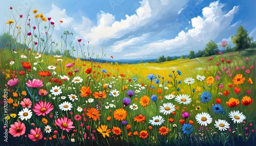 Vibrant spring wildflower field showcasing natures colorful array in a picturesque landscape photo