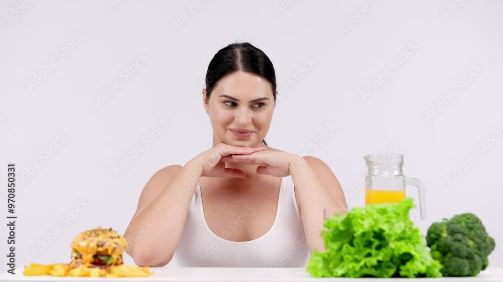 Full-figured woman on a light background choosing healthy food over less nutritious options. Perfect for promoting conscious decisions for a healthier and balanced diet Full-figured woman on a light background choosing healthy food over less nutritious options. Perfect for promoting conscious decisions for a healthier and balanced diet