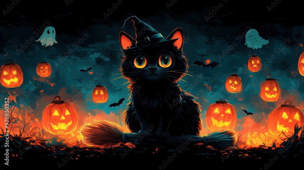 Charming web banner featuring a black cat lounging on a broomstick with a witch hat Charming web banner featuring a black cat lounging on a broomstick with a witch hat