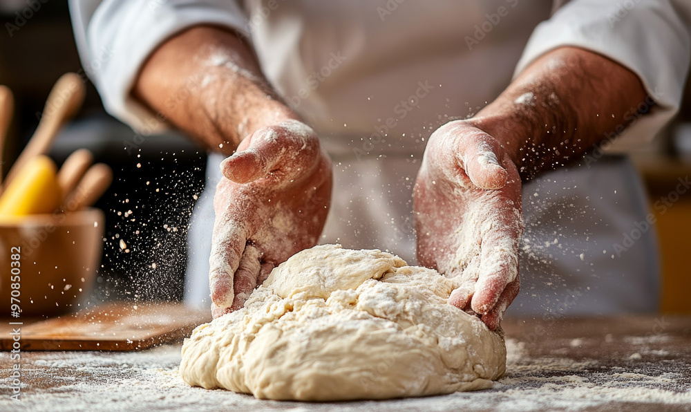 Kneading bread dough with flour and water, hands covered in flour, creates tactile and engaging experience in kitchen. process is both artistic and essential for baking Kneading bread dough with flour and water, hands covered in flour, creates tactile and engaging experience in kitchen. process is both artistic and essential for baking