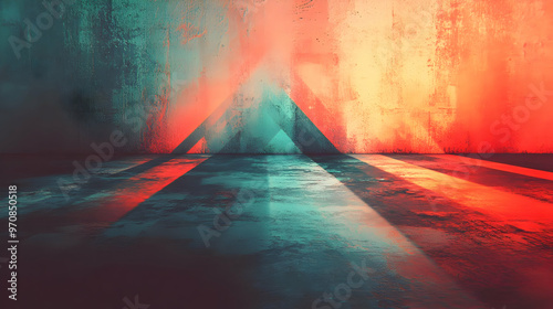 Abstract Grunge Wall with Red and Teal Light Streaks in Empty Room