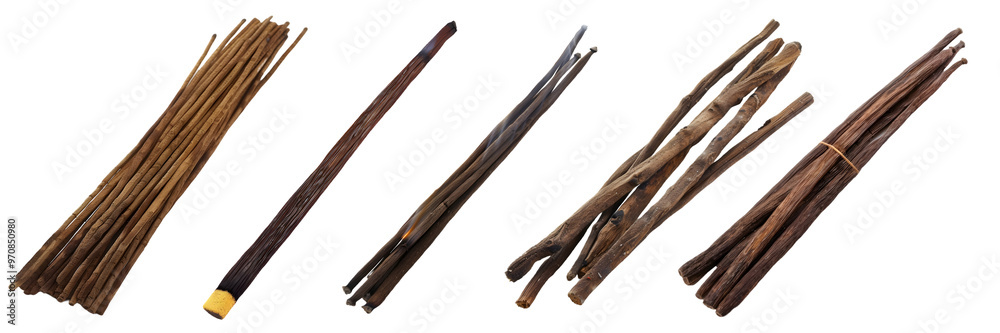 Assorted bundles of natural wooden incense sticks isolated on a white background, png Assorted bundles of natural wooden incense sticks isolated on a white background, png