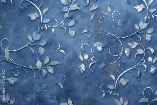 A blue vintage floral wallpaper featuring an elegant abstract ornament design, with a classic style that exudes timeless sophistication