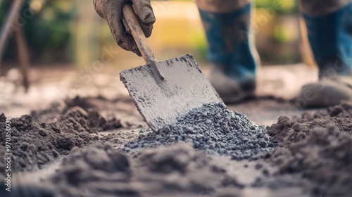 Using a trowel, apply cement or cement mortar to a cement bag for construction work.