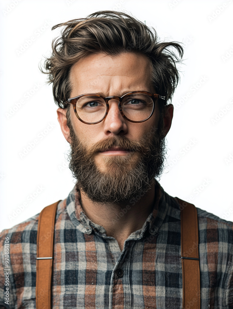 A hipster man with a beard and glasses, wearing a plaid shirt and suspenders, isolated on a white background A hipster man with a beard and glasses, wearing a plaid shirt and suspenders, isolated on a white background