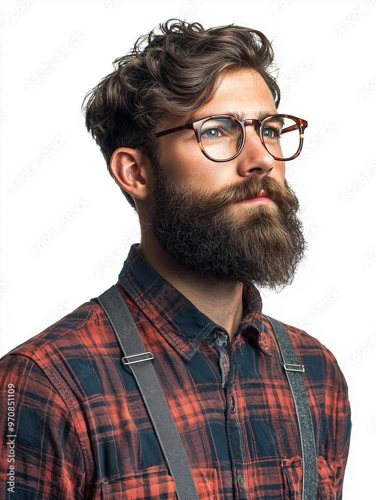 A hipster man with a beard and glasses, wearing a plaid shirt and suspenders, isolated on a white background