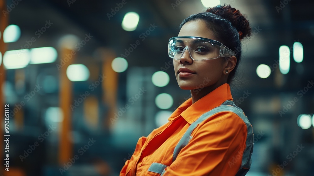 Wearing a safety suit, an Indian female engineer supervisor works in a factory warehouse. Wearing a safety suit, an Indian female engineer supervisor works in a factory warehouse.
