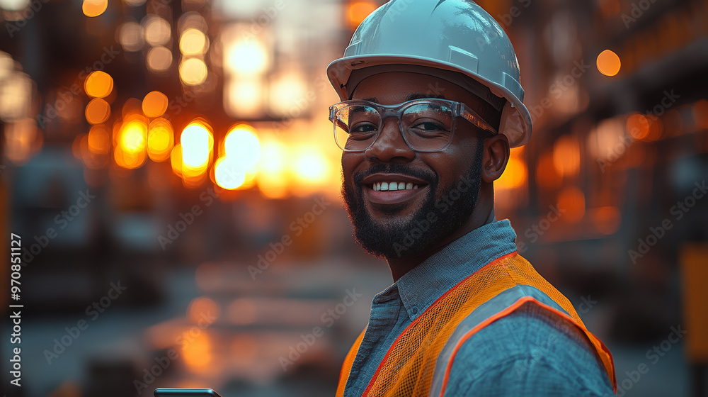 A smiling engineer wearing hard hat and safety glasses stands confidently in construction site during sunset, showcasing sense of pride and professionalism A smiling engineer wearing hard hat and safety glasses stands confidently in construction site during sunset, showcasing sense of pride and professionalism