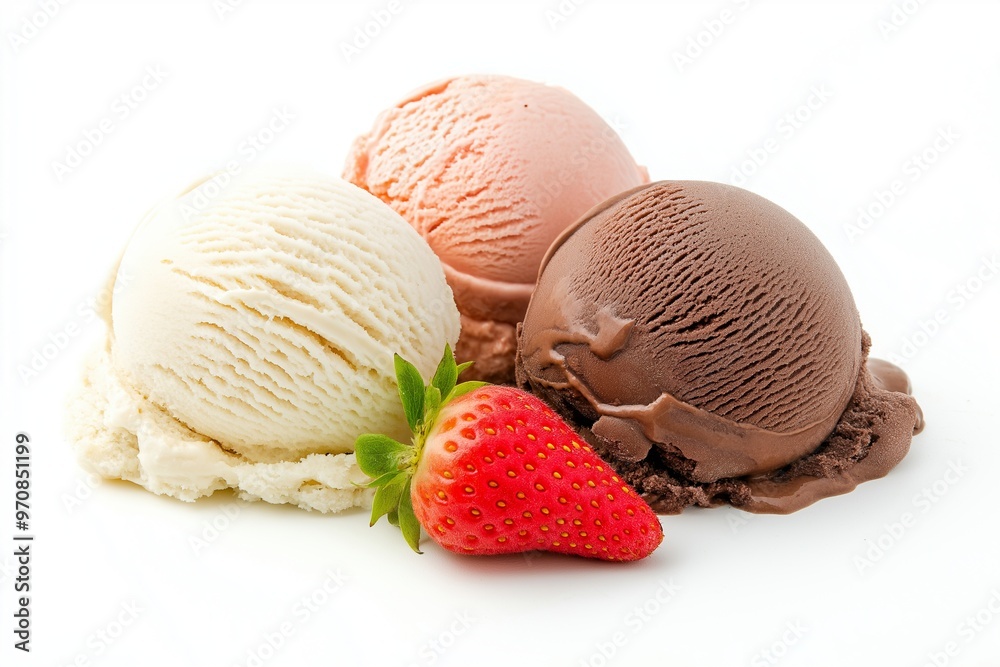 Ice cream scoops chocolate and vanilla with strawberry Ice cream scoops chocolate and vanilla with strawberry
