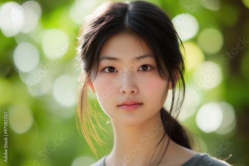 A close-up portrait of a young Asian woman wearing a casual t-shirt, with a blurred background.