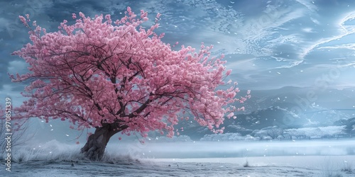 Pink cherry blossom tree in winter landscape  
