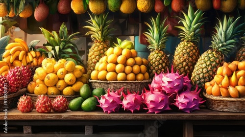 Fresh tropical fruits like pineapples, mangoes, and dragon fruits on display at a beautiful market, with a realistic background