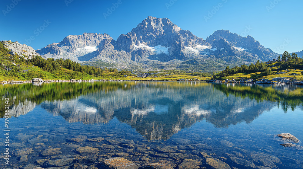 Majestic mountain peaks reflected in still lake under clear blue sky create serene and breathtaking landscape. vibrant greenery enhances tranquil atmosphere Majestic mountain peaks reflected in still lake under clear blue sky create serene and breathtaking landscape. vibrant greenery enhances tranquil atmosphere