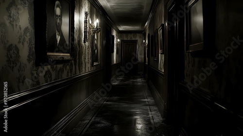 Dimly lit hotel hallway with long shadows, eerie portraits hanging on the walls, and ghostly apparitions visible in the mirrors