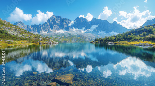 A stunning landscape featuring mountain peaks reflected in still lake under clear blue sky. serene atmosphere invites tranquility and appreciation of natures beauty