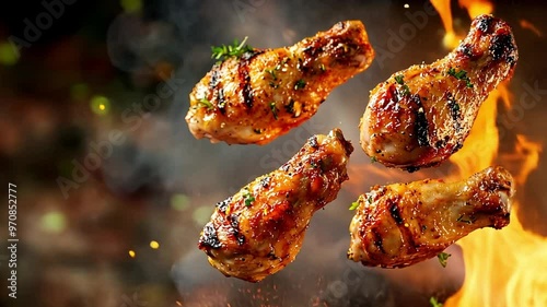 flying grilled chicken drumsticks restaurant menu background photo