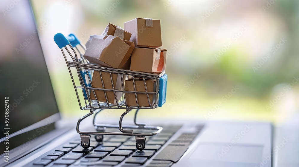 A miniature shopping cart filled with cardboard boxes sits on a laptop keyboard, representing online shopping and delivery. A miniature shopping cart filled with cardboard boxes sits on a laptop keyboard, representing online shopping and delivery.