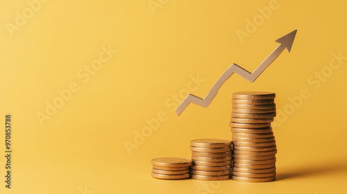 A silver arrow points upwards over a stack of gold coins on a yellow background. This image symbolizes financial growth, success, and prosperity.