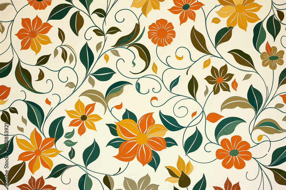 A vibrant and eye-catching swirly floral retro wallpaper design, featuring an intricate pattern of swirling vines, leaves, and stylized flowers A vibrant and eye-catching swirly floral retro wallpaper design, featuring an intricate pattern of swirling vines, leaves, and stylized flowers