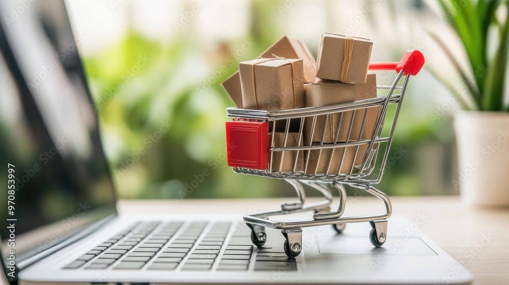 A miniature shopping cart filled with small cardboard boxes sits on a laptop keyboard, symbolizing online shopping. A miniature shopping cart filled with small cardboard boxes sits on a laptop keyboard, symbolizing online shopping.