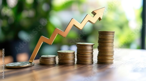 A golden arrow pointing upwards above a row of increasing stacks of coins on a wooden table.