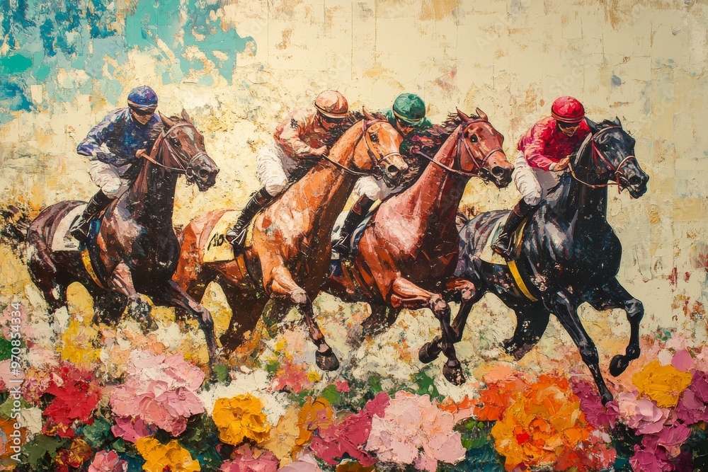 Fototapeta premium Melbourne Cup. Famous horse racing at Flemington Park Racecourse suburb of Melbourne, the most prestigious two-mile handicap in world. Horses illustration.