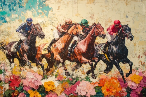 Melbourne Cup. Famous horse racing at Flemington Park Racecourse suburb of Melbourne, the most prestigious two-mile handicap in world. Horses illustration. photo