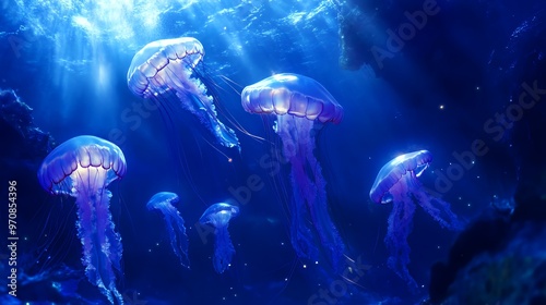 Five jellyfish swim in a deep blue ocean. The light from above illuminates the jellyfish and their long tentacles.