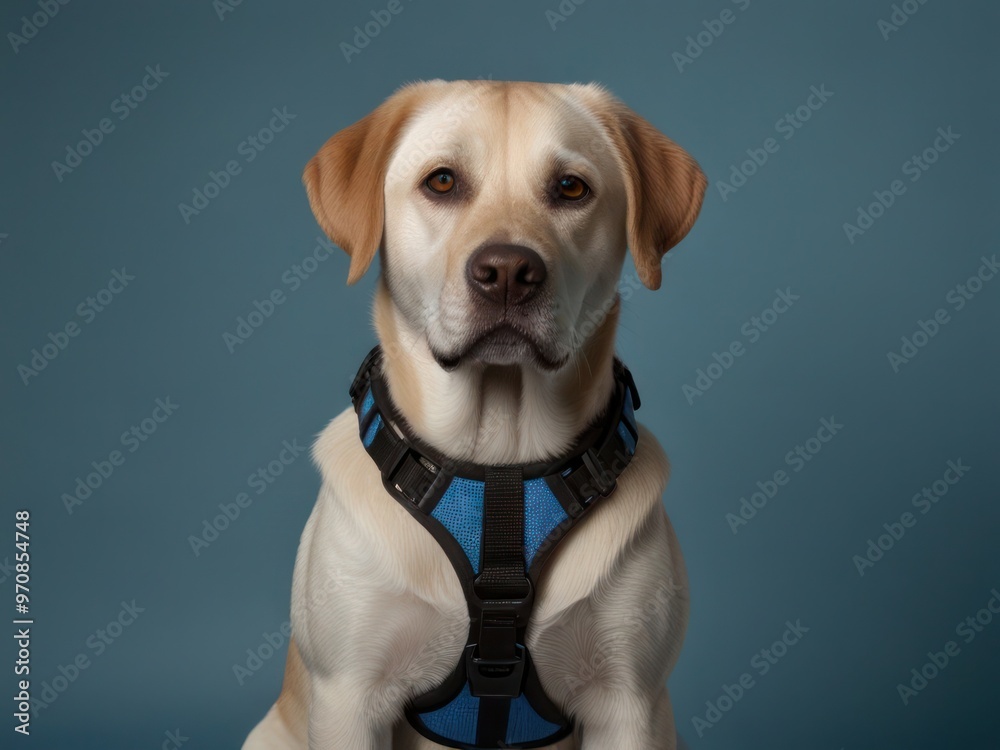 Attentive Labrador Retriever in Blue Harness Ready for Training and Service Attentive Labrador Retriever in Blue Harness Ready for Training and Service