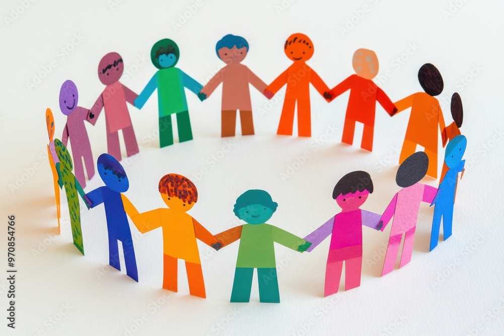 Cut-out paper figures of diverse people holding hands Cut-out paper figures of diverse people holding hands