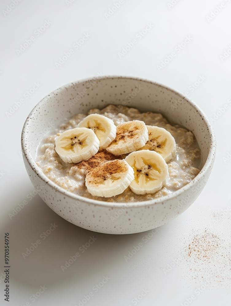 A bowl of oatmeal topped with banana slices and cinnamon, showcasing a healthy breakfast option. A bowl of oatmeal topped with banana slices and cinnamon, showcasing a healthy breakfast option.