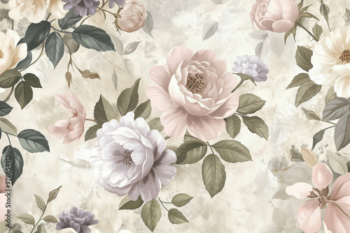 Wallpaper Mural A vintage wallpaper design adorned with a delicate array of flowers, showcasing a timeless pattern that exudes classic charm and elegance Torontodigital.ca