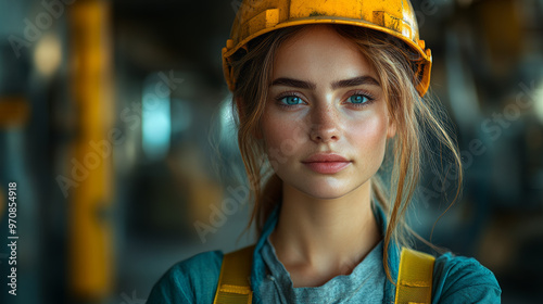 A female worker in an industrial setting, wearing yellow hard hat and looking confidently at camera. Her striking blue eyes and natural beauty stand out against backdrop of machinery, showcasing stren