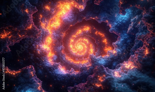 Cosmic vortex with neon colors, swirling particles, and glowing center, evoking space-time.