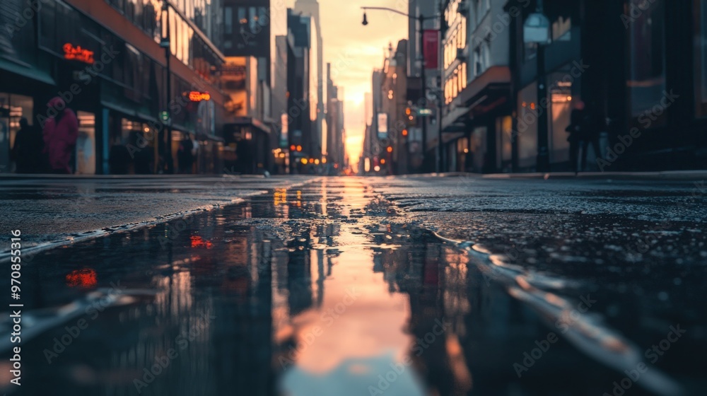 A puddle reflects the sunrise in a city street with people walking by.
