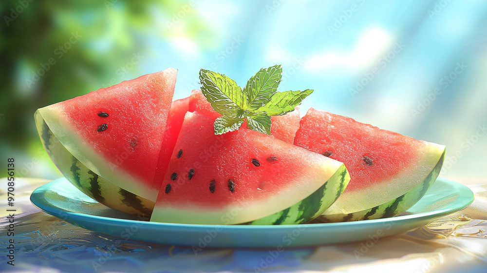 Freshly sliced watermelon and mint leaves arranged beautifully on plate, creating refreshing and vibrant summer treat. bright colors and natural elements evoke sense of joy and relaxation Freshly sliced watermelon and mint leaves arranged beautifully on plate, creating refreshing and vibrant summer treat. bright colors and natural elements evoke sense of joy and relaxation